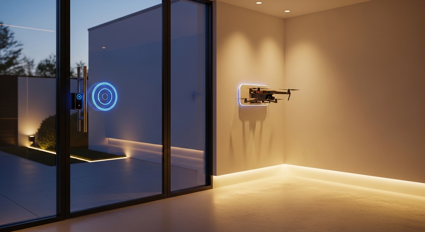 A sleek, minimalist smart home entrance featuring a transparent glass door with a glowing blue circular biometric interface, a small drone docked on a wall charger nearby, and soft ambient evening lighting.