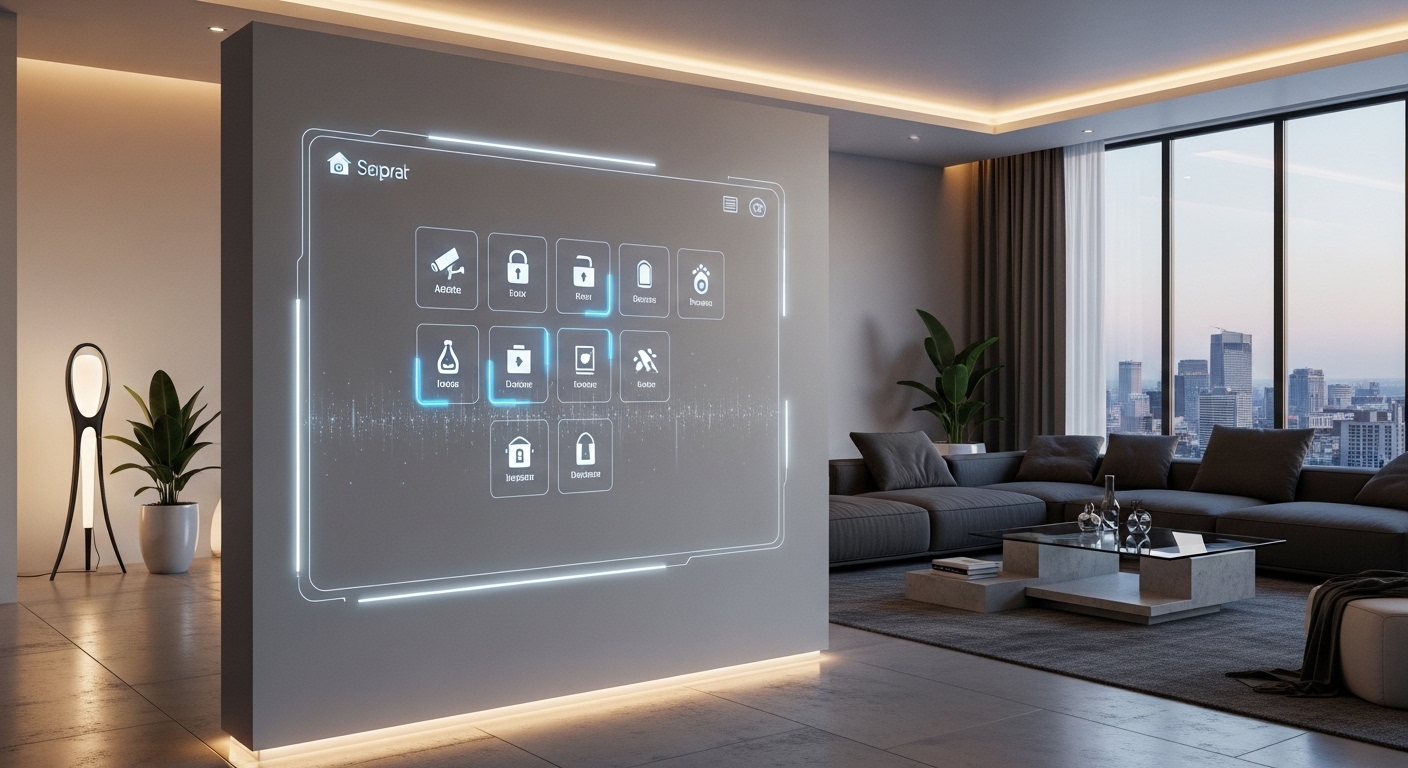 A futuristic living room showing a sleek smart home control panel on the wall, with a digital overlay of security icons like cameras, locks, and motion sensors, high-tech and warm lighting.
