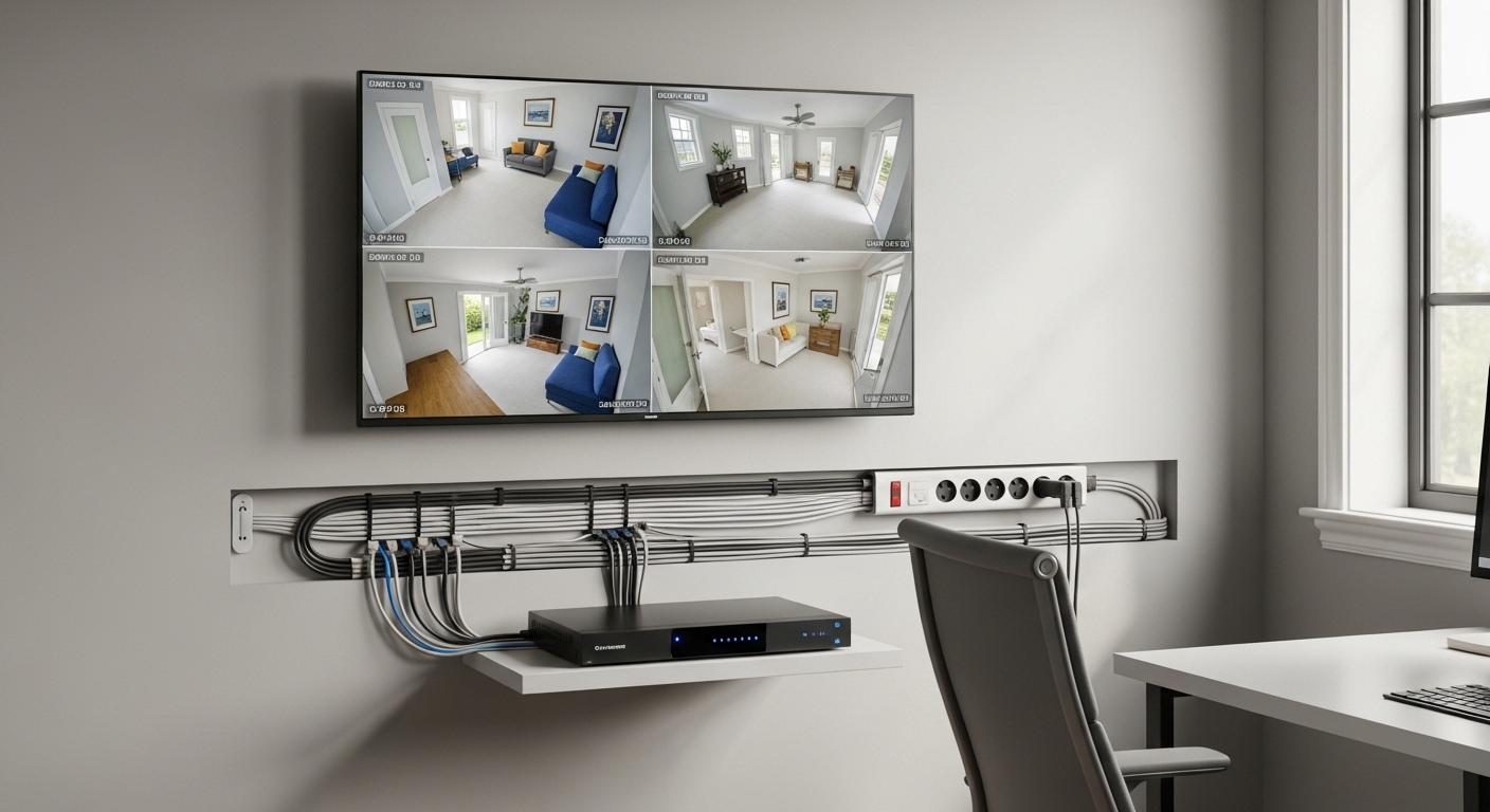 A professional security setup showing a wall-mounted monitor displaying multiple camera feeds with visible high-quality wiring and a DVR unit on a shelf in a modern home office