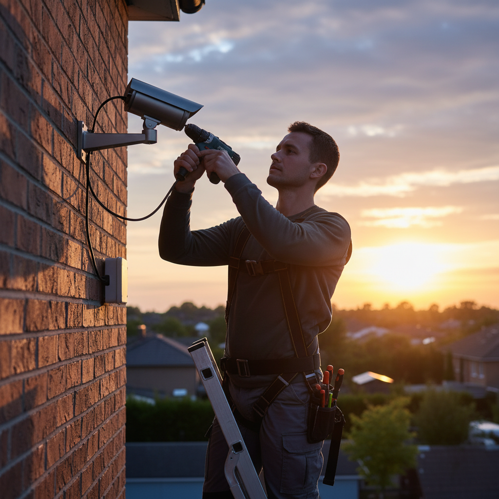 A professional technician carefully installing a sleek outdoor security camera on a brick wall at a 45-degree angle, with the sun setting in the background but not hitting the lens directly.