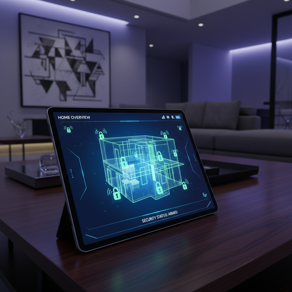 A futuristic digital dashboard displayed on a sleek tablet in a modern living room, showing a 3D floor plan of a house with glowing green icons for locked doors and active security cameras, cinematic lighting, high-tech aesthetic.