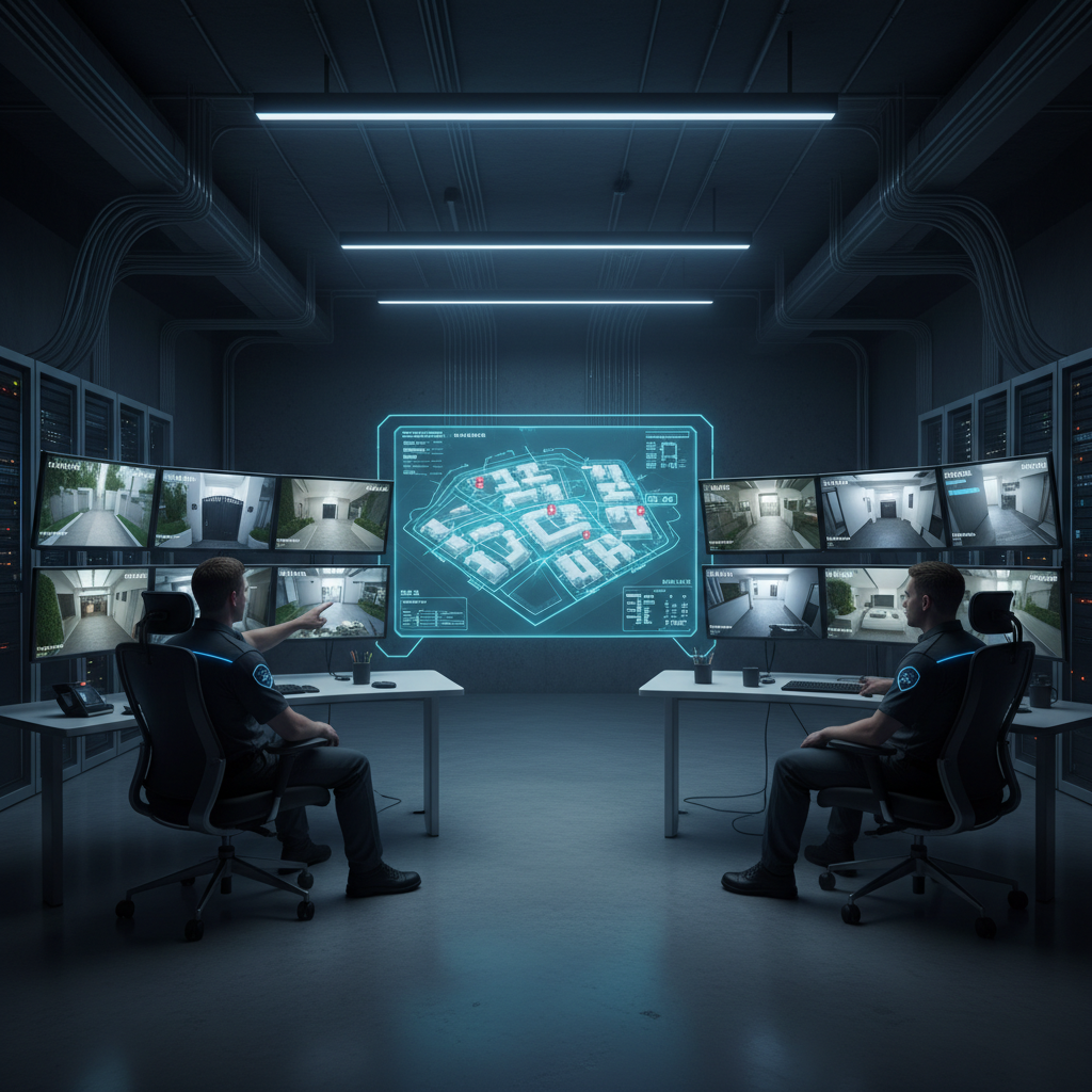 A high-tech home security control center with professional operators monitoring multiple screens showing maps and security camera feeds in a dimly lit, modern office setting.
