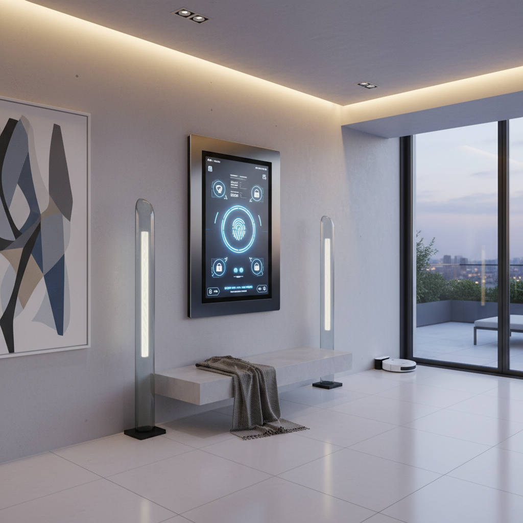 A high-tech modern home interior showcasing a sleek wall-mounted smart security control panel with a glowing interface, surrounded by minimalist decor.