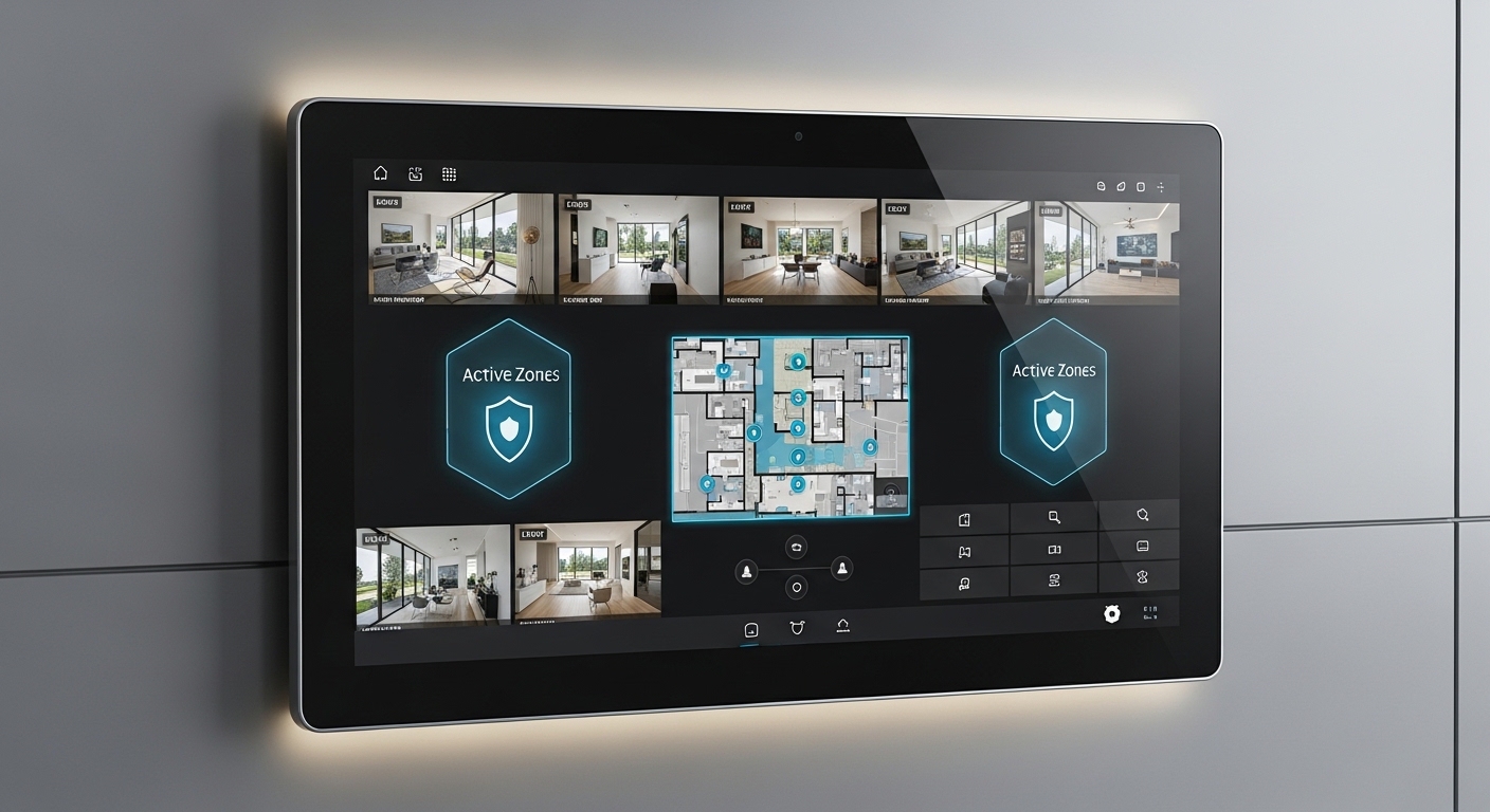 A high-tech home security control panel mounted on a modern grey wall, showing a dashboard with camera feeds and shield icons, sleek and minimalistic design.