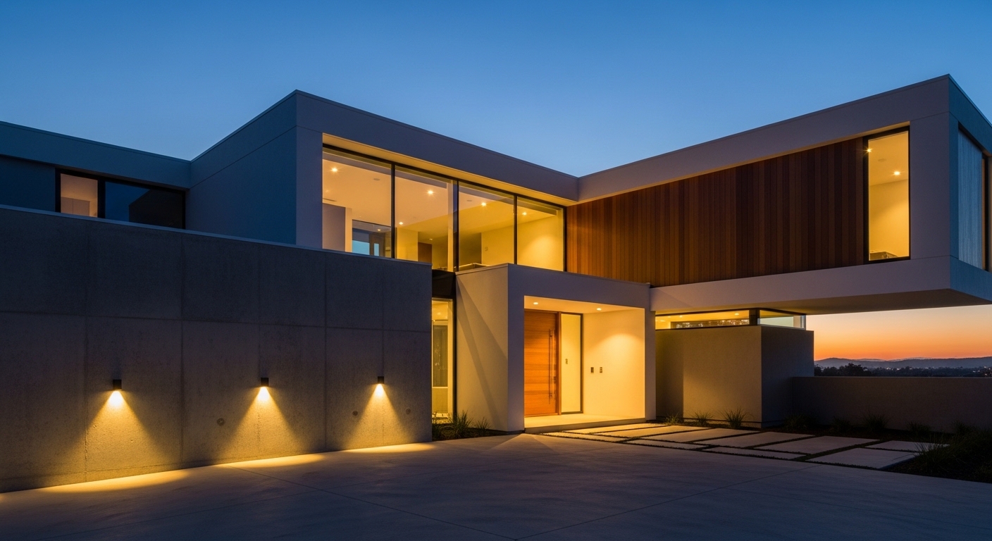 A wide-angle shot of a modern house at dusk with strategically placed motion-sensor lights illuminating the driveway and front entrance, professional architectural style, high contrast.