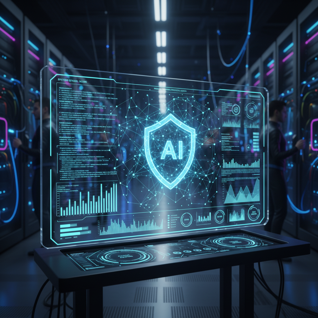 A futuristic digital security dashboard displaying complex data visualizations, glowing blue neural network patterns, and a central shield icon representing advanced AI protection in a high-tech server room.